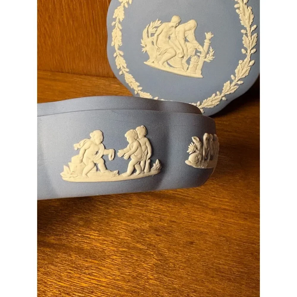 Vintage Wedgwood Blue Jasperware Trinket Box Classical Figures Made in England